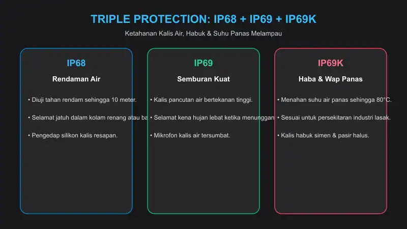 pensijilan kalis air rendaman 10 meter ip68 semburan air bertekanan ip69 dan wap panas ip69k