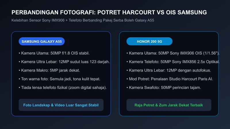 perbandingan kamera potret harcourt honor 200 vs 50mp ois samsung a55
