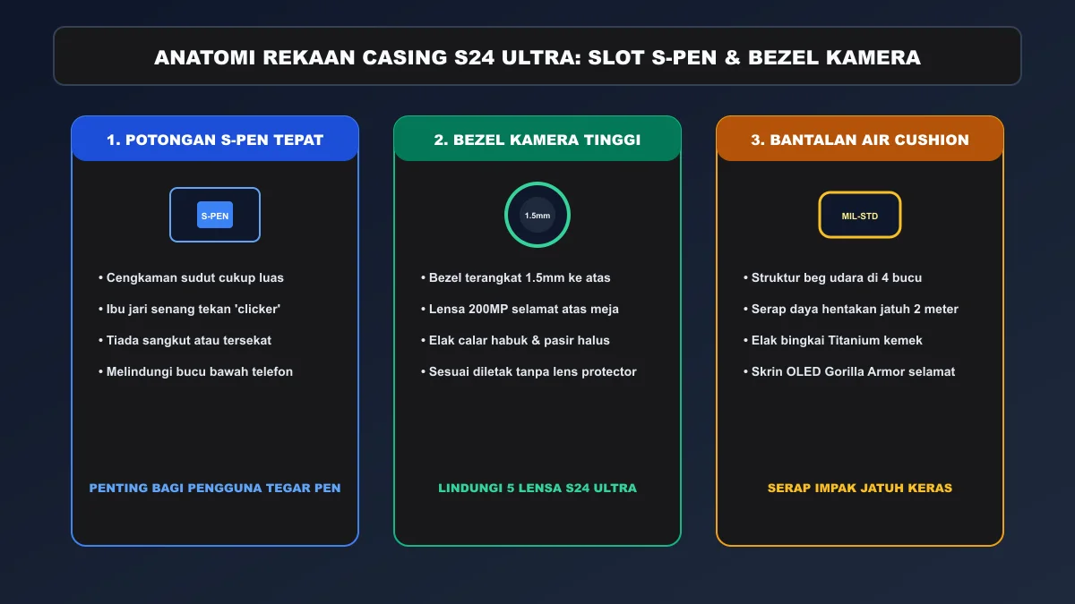 Anatomi rekaan slot S-Pen mudah tekan dan bezel pelindung kamera Samsung S24 Ultra