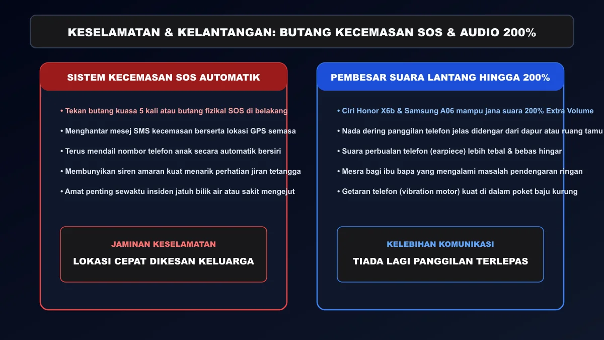 Fungsi butang kecemasan SOS dan audio pembesar suara kuat 200% warga emas