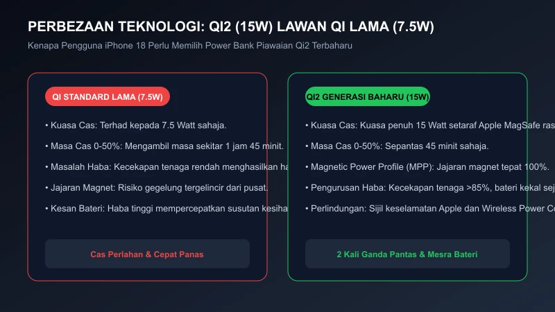 kelebihan teknologi qi2 15w pengecasan pantas wayarles berbanding qi lama 7.5w magsafe