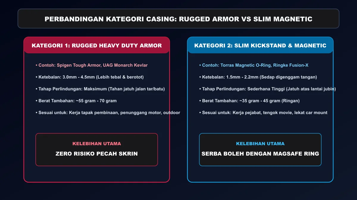Perbandingan casing Samsung S24 Ultra jenis rugged heavy duty armor vs slim kickstand magnetic