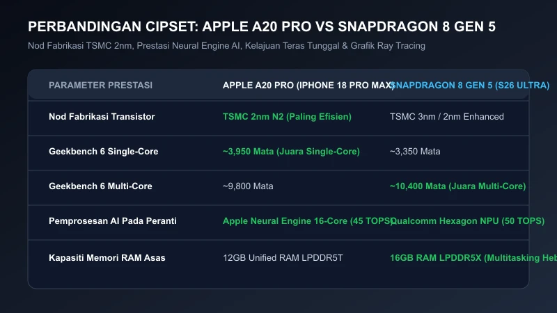 perbandingan cipset apple a20 pro 2nm vs snapdragon 8 gen 5 iphone 18 pro max samsung s26 ultra