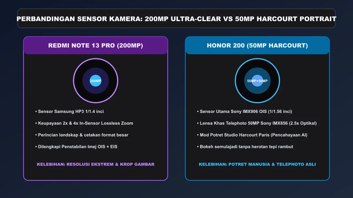 Perbandingan sensor kamera 200MP OIS Redmi Note 13 Pro lawan 50MP potret AI Honor 200