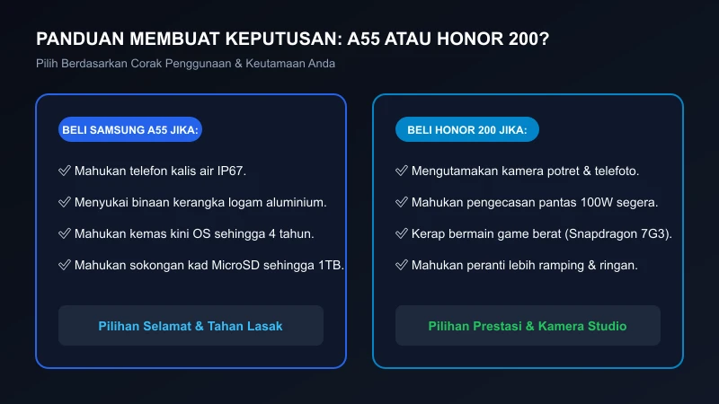 panduan membuat keputusan pembelian samsung galaxy a55 vs honor 200 malaysia