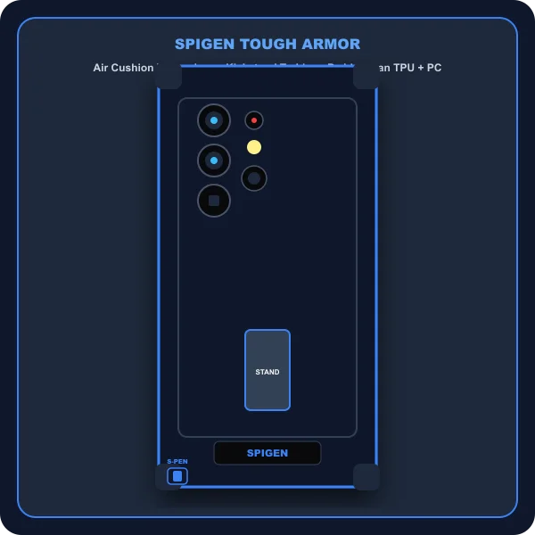 Spigen Tough Armor casing Samsung S24 Ultra dengan Air Cushion dan kickstand