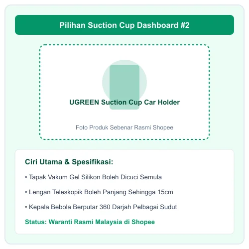 UGREEN Suction Cup Car Holder lengan teleskopik 15cm tapak gel vakum basuh semula